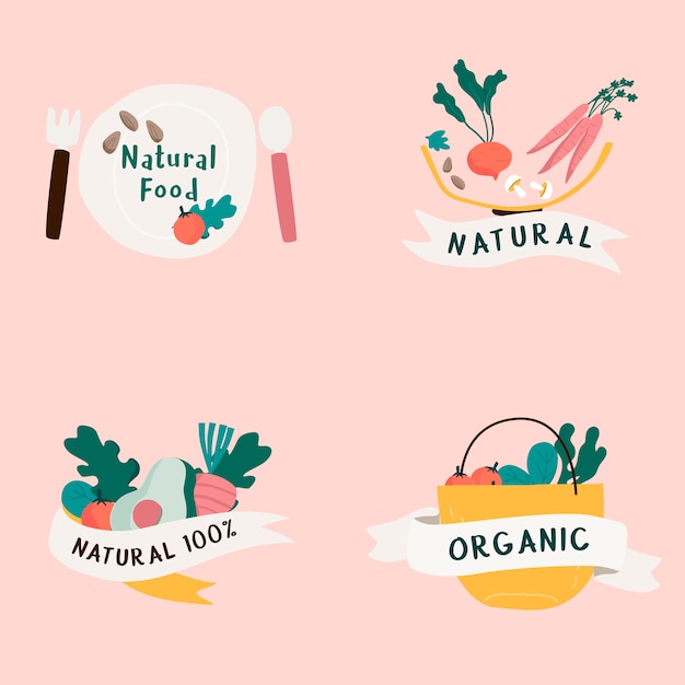 Vecteur gratuit ensemble de vecteur de badges d'aliments naturels et biologiques