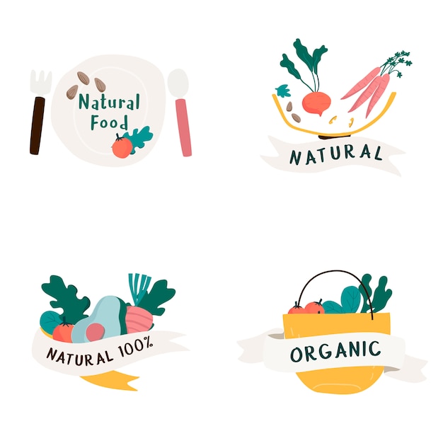 Vecteur gratuit ensemble de vecteur de badges d'aliments naturels et biologiques