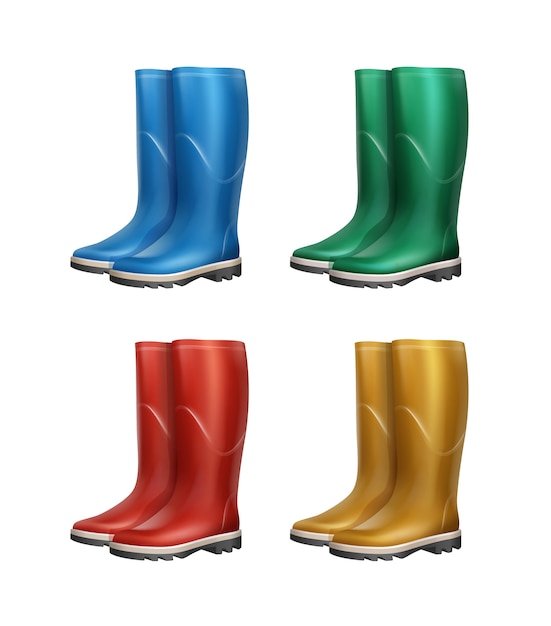 Vecteur gratuit ensemble de vecteur de bottes en caoutchouc bleu, rouge, vert, jaune isolé sur fond blanc