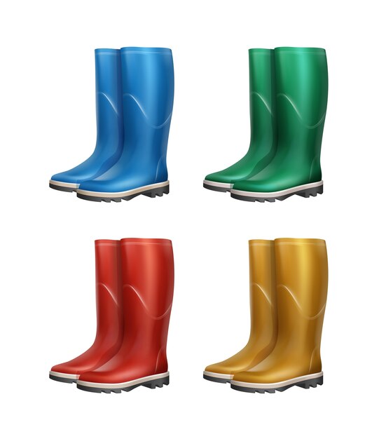 Ensemble de vecteur de bottes en caoutchouc bleu, rouge, vert, jaune isolé sur fond blanc