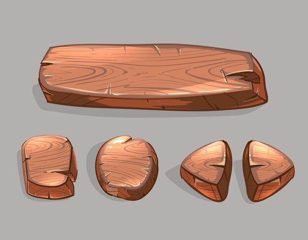 Ensemble de vecteur de boutons en bois de dessin animé. Illustration de jeu de l'interface utilisateur, plateau oblong et flèche