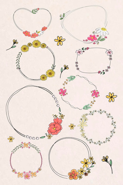 Ensemble De Vecteur De Couronne De Fleurs Dessinés à La Main