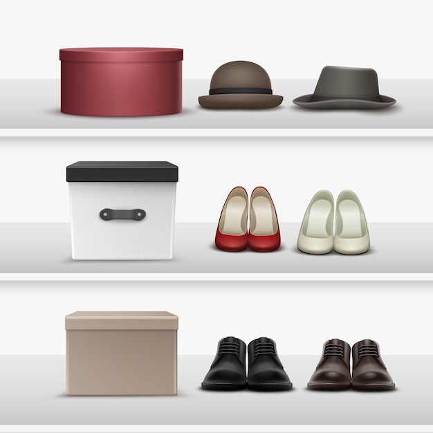 Ensemble De Vecteur De Différentes Chaussures Et Chapeaux Avec Des Boîtes Marron, Beige, Blanc, Noir, Marron Sur Des étagères