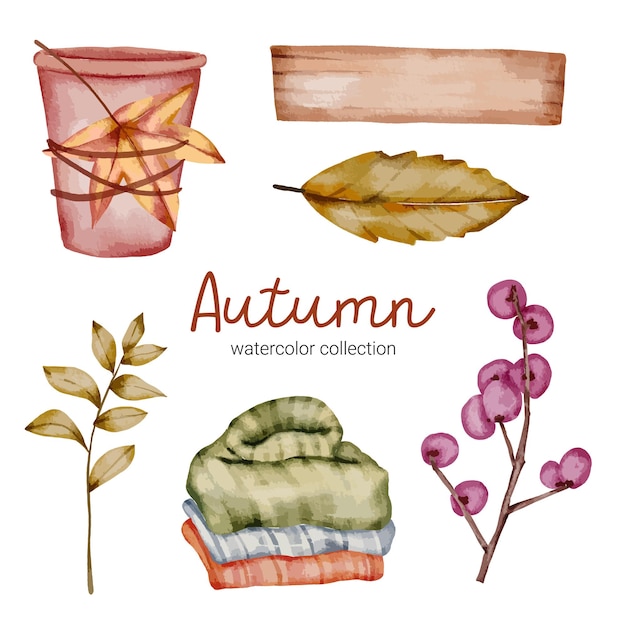 Ensemble De Vecteur D'éléments D'objet D'automne Dans Un Style Aquarelle. Ensemble De Congés D'automne à L'aquarelle Et De Conception D'objets Combinés à Une Tache Peinte à La Main. Feuilles Botaniques Aquarelle Peinture à La Main.