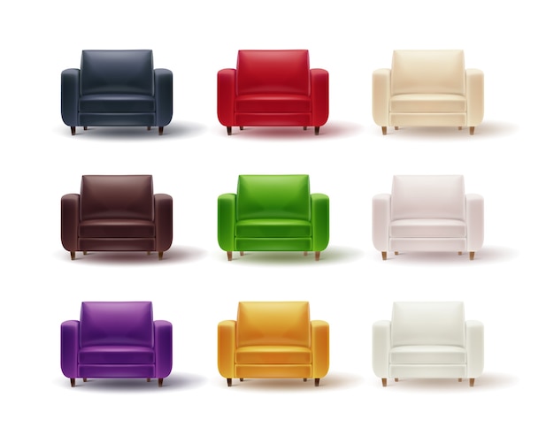 Vecteur gratuit ensemble de vecteur de fauteuils rouges, bruns, blancs, violets, verts, gris, jaunes pour l'intérieur de la maison ou du bureau isolé sur fond blanc