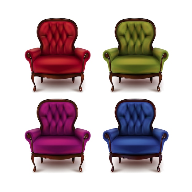 Ensemble de vecteur de fauteuils vintage rouge, vert, violet, violet, bleu isolé sur fond blanc