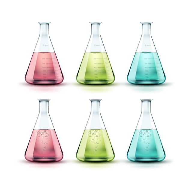 Ensemble De Vecteur De Flacons De Laboratoire De Chimie En Verre Transparent Avec Un Liquide Vert, Rose, Bleu Et Des Bulles Isolées Sur Fond Blanc