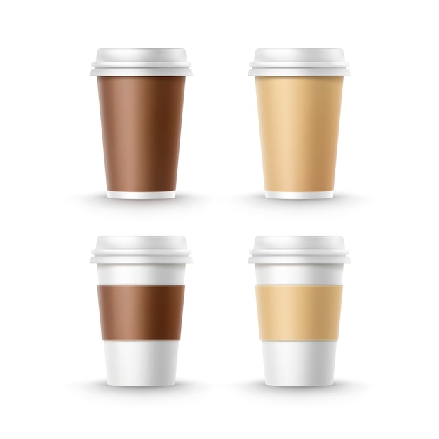 Ensemble De Vecteur De Grandes Petites Tasses En Carton Blanc Ocre Blanc Pour Thé Café Isolé Sur Fond Blanc. Fast Food