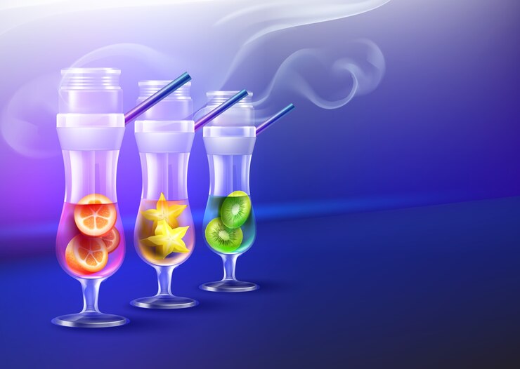 Vecteur gratuit ensemble de vecteur de narguilés cocktail en verre ouragan avec kiwi, carambole, kumquat, fumée et vue de face sur fond bleu