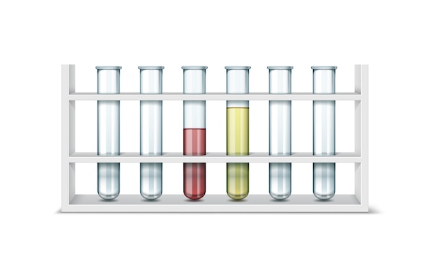 Ensemble de vecteur de tubes à essai de laboratoire chimique en verre transparent vide avec un liquide rouge et jaune isolé sur fond blanc