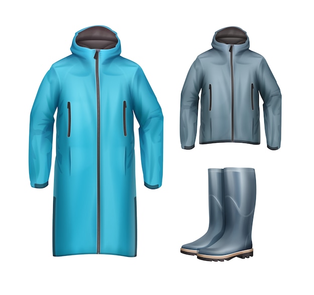 Vecteur gratuit ensemble de vecteur de vestes de sport unisexes longues, courtes bleues, grises avec capuche et bottes en caoutchouc vue de face isolé sur fond blanc