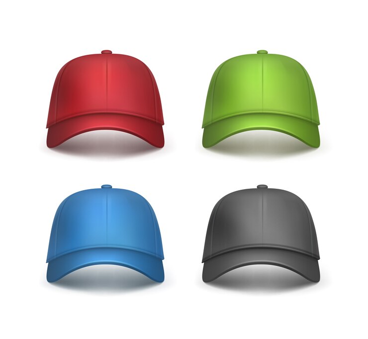 Vecteur gratuit ensemble de vecteur de vue de face réaliste casquettes de baseball rouge, noir, vert, bleu isolé sur fond blanc