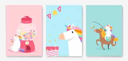 Vecteur gratuit ensemble de vecteurs de carte d'anniversaire coloré licorne