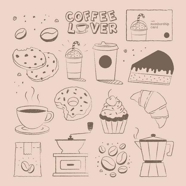 Vecteur gratuit ensemble de vecteurs de doodle de conception de café et de gâteau