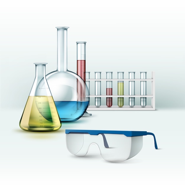 Ensemble de vecteurs de tubes à essai de laboratoire de chimie en verre transparent, flacons avec liquide bleu, rose, jaune, vert et verres isolés sur fond