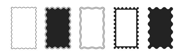 Ensemble vectoriel de cadres ondulés rectangulaires noirs avec des bords de coquillages et des bordures de photos griffonnées avec