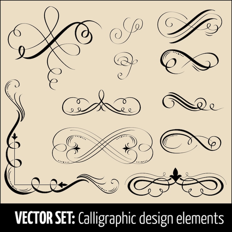 Vecteur gratuit ensemble vectoriel d'éléments de conception de calligraphie et de décoration de page. eléments élégants pour votre conception.