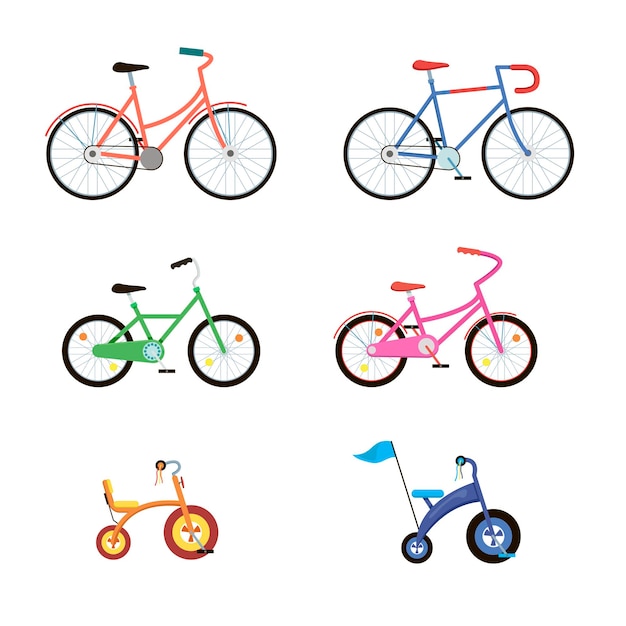 Ensemble De Vélos Mignons De Différentes Couleurs. Illustrations De Transports Urbains écologiques Pour Enfants Ou Adultes