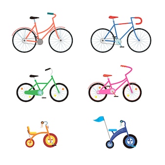 Ensemble de vélos mignons de différentes couleurs. illustrations de transports urbains écologiques pour enfants ou adultes