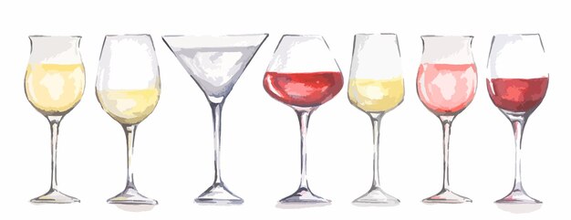 Ensemble de verres à vin aquarelle. Beaux verres pour le menu de décoration au restaurant ou au café. Boisson alcoolisée.