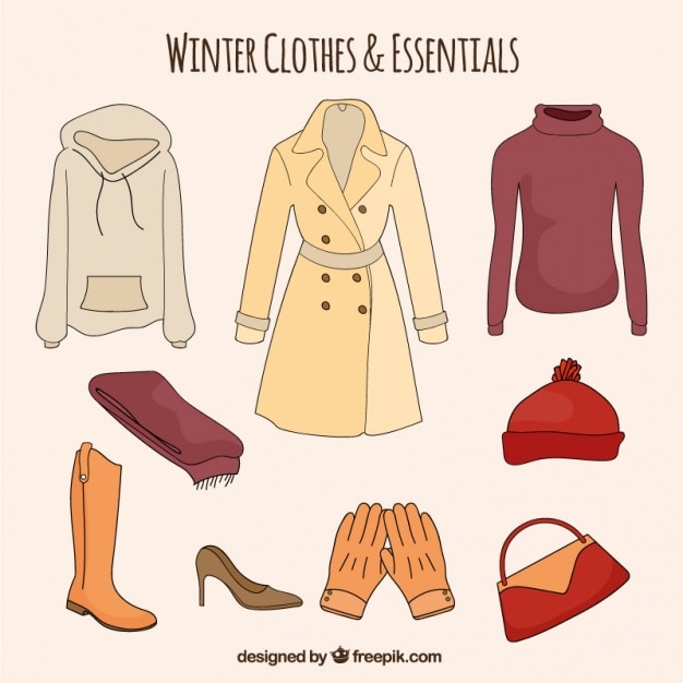 Vecteur gratuit ensemble de vêtements et les éléments essentiels d'hiver dessinés à la main