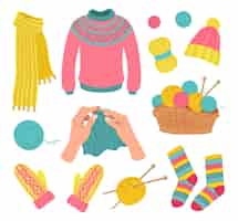 Vecteur gratuit ensemble de vêtements tricotés en laine. illustrations de vêtements, pelotes de laine dans un panier