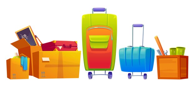 Ensemble de vieilles choses bagages, valise et bagages, tableau noir pour enfants, clé, chauve-souris et détergent dans des boîtes en carton et en bois isolés sur fond blanc. Illustration de dessin animé, icône, clipart