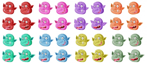 Ensemble de visage gobelin ou troll coloré dans différentes expressions en style cartoon isolé