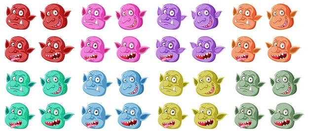 Vecteur gratuit ensemble de visage de gobelin ou troll coloré dans différentes expressions en style cartoon isolé