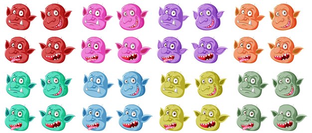 Ensemble de visage de gobelin ou troll coloré dans différentes expressions en style cartoon isolé