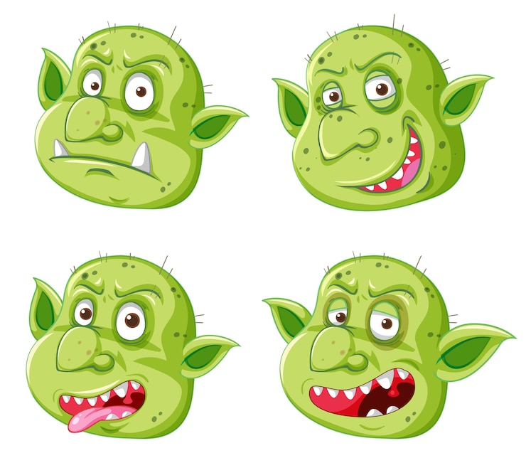 Vecteur gratuit ensemble de visage de gobelin vert ou de troll dans différentes expressions en style cartoon isolé