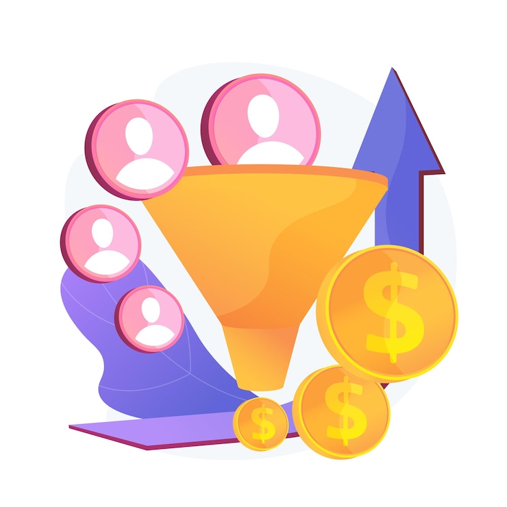 Vecteur gratuit entonnoir de vente et génération de leads. marketing numérique rentable. technologie d'attraction des clients. commerce, commerce, stratégie réussie.