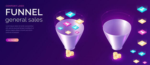 Entonnoir de vente, illustration de concept isométrique
