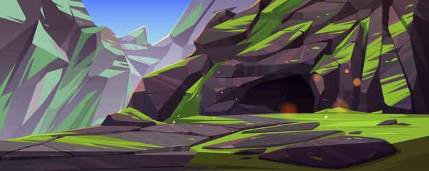 Entrée de la grotte en montagne avec de la mousse verte sur les rochers autour. Grotte, tunnel souterrain caché ou caverne, paysage naturel d'été. Antre fantastique ou fond creux, illustration vectorielle de dessin animé