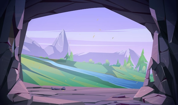 Vecteur gratuit entrée de la grotte en montagne avec vue paysage paysage d'herbe verte, rivière, rochers et ciel bleu. grotte, tunnel souterrain caché ou caverne, fond de nature estivale. illustration vectorielle de dessin animé