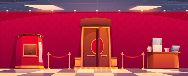 Vecteur gratuit entrée de la porte du cinéma dans le dessin animé intérieur du hall