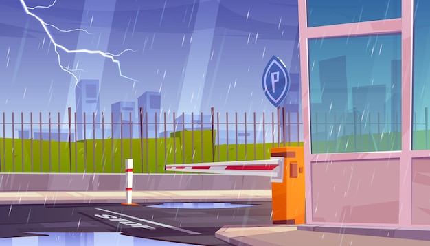 Entrée de sécurité du parking par temps de pluie, orage et éclairs. Accès à la zone privée fermée avec clôture, barrière de voiture automatique, cabine de gardien, ligne d'arrêt et panneau de signalisation, illustration vectorielle de dessin animé