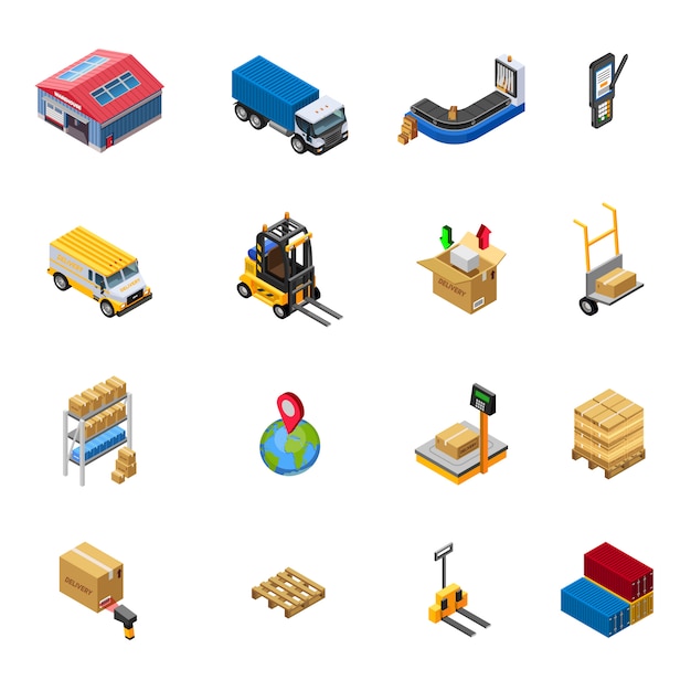 Vecteur gratuit entrepôt isométrique icons set