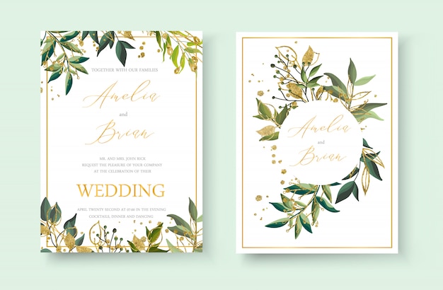 L&#39;enveloppe de carte d&#39;invitation d&#39;or floral de mariage sauvent la conception de minimalisme de date avec les herbes tropicales de feuille vertes et les éclaboussures d&#39;or. Style aquarelle de modèle de vecteur de décoration élégante botanique