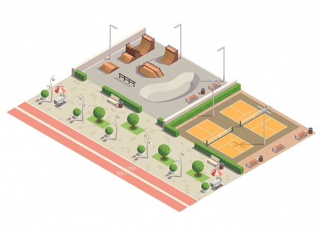 Vecteur gratuit environnement de sport récréatif du parc de la ville moderne pour la planche à roulettes