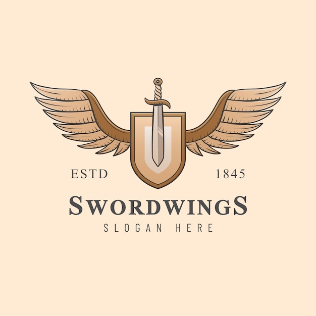 Vecteur gratuit Épée dessinée à la main avec modèle de logo d'ailes