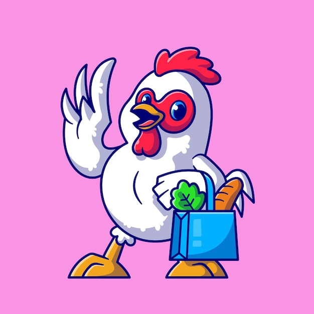 Vecteur gratuit Épicerie de poulet mignon shopping cartoon icon illustration. concept d'icône de nourriture animale isolé. style de bande dessinée plat