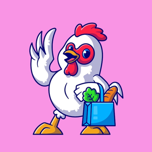 Épicerie de poulet mignon Shopping Cartoon Icon Illustration. Concept d'icône de nourriture animale isolé. Style de bande dessinée plat