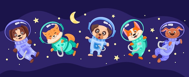 Equipe de chiens de l'espace en costumes et casques univers avec des cosmonautes pour les dessins de pépinière d'impression pour enfants