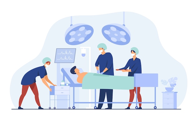 Vecteur gratuit Équipe de chirurgiens entourant le patient sur l'illustration vectorielle plane de table d'opération. dessin animé travailleurs médicaux se préparant à la chirurgie. concept de médecine et de technologie