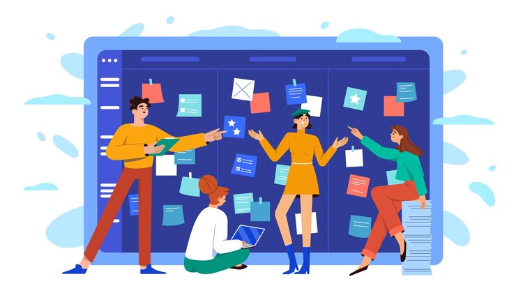 Vecteur gratuit équipe commerciale plate au tableau scrum avec des notes autocollantes travail d'équipe travaillant ensemble pour discuter et organiser la méthodologie du schéma de calendrier du projet