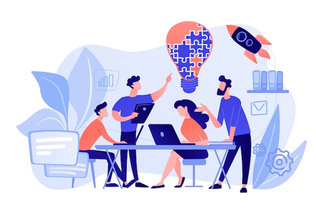 Une équipe commerciale réfléchit à une idée et à une ampoule de puzzle. Collaboration d'équipe de travail, coopération d'entreprise, concept d'assistance mutuelle entre collègues. Illustration isolée de bleu corail rose