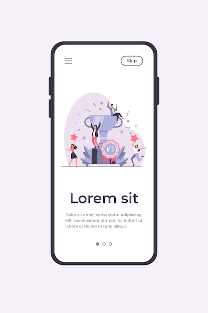 Équipe d'employés heureux remportant un prix et célébrant le succès. Gens d'affaires bénéficiant d'un modèle d'application mobile de victoire