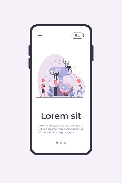 Équipe d'employés heureux remportant un prix et célébrant le succès. Gens d'affaires bénéficiant d'un modèle d'application mobile de victoire