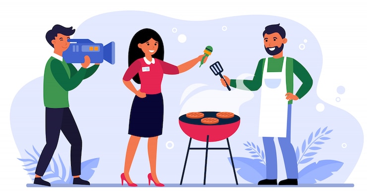Vecteur gratuit l'équipe de télévision filme des images d'un restaurant barbecue